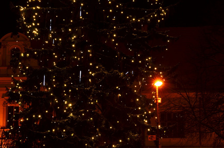 在欧洲小镇的圣诞树点灯仪式