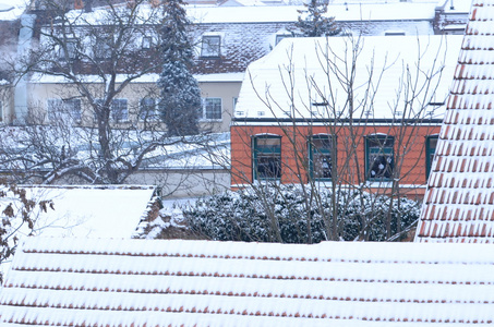 全景图的白雪覆盖的屋顶，在有雾的天气