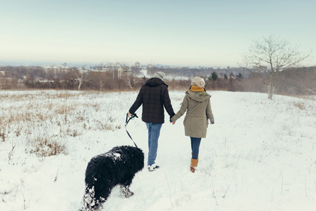 年轻的夫妇带着狗走在一个冬日