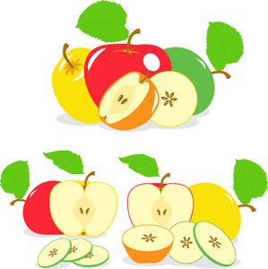 绿色和红色的苹果切片，矢量插图在透明背景上的集合