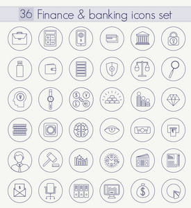 矢量金融和银行业的大纲图标集。细线风格设计