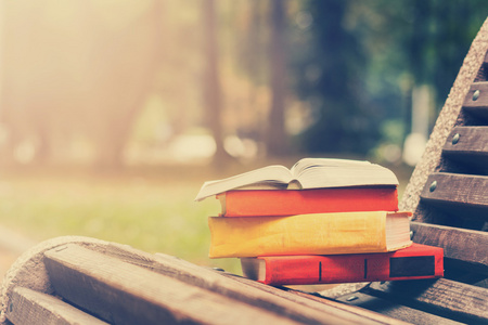 堆栈的精装书和躺在长凳上，在模糊的自然背景下的日落公园本打开的书。将空间，复制回学校。教育背景。色调的图像
