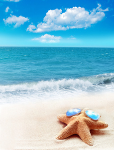 太阳镜沙滩上的海星