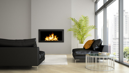 内部的现代阁楼，壁炉和黑色的沙发 3d 渲染