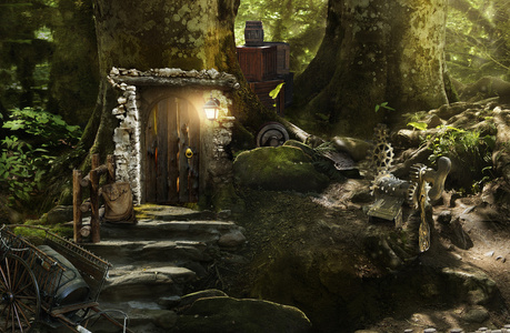 房屋矮人和魔法森林中的精灵图片