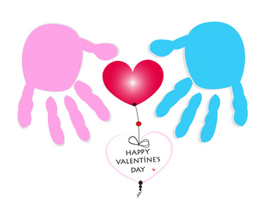 男人和女人对夫妇手印和心.情人节快乐天贺卡矢量照片