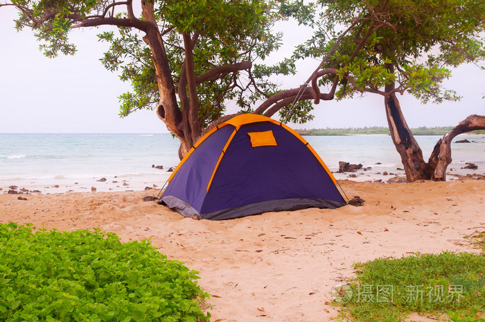 在沙滩上美丽的海滩，太平洋加拉巴哥群岛的背景下，厄瓜多尔的两人帐篷安装小营地