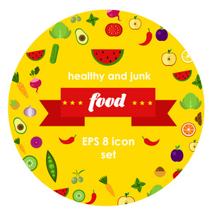 矢量蔬菜和水果的插图的圆形贴纸