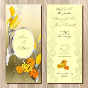 带有黄色虹膜花束背景的结婚卡。