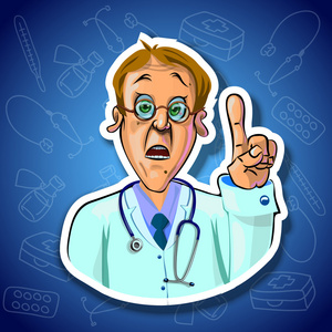惊讶的医生与他的食指上的矢量图像