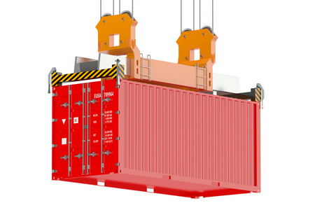 集装箱起重机和红色货物集装箱