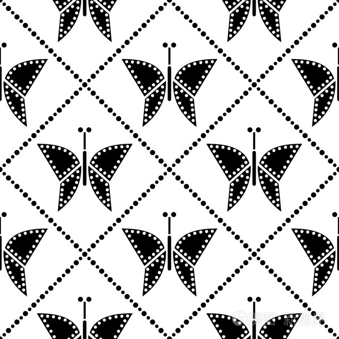 无缝矢量模式与昆虫对称几何黑色和白色背景的蝴蝶重复装饰