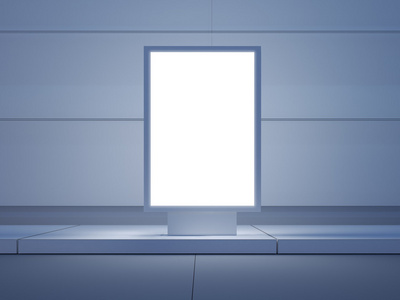 在空荡荡的街道上的白色灯箱.在背景中的现代建筑.前视图.3d 渲染照片