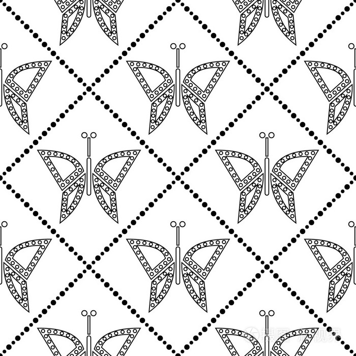 无缝矢量模式与昆虫对称几何黑色和白色背景的蝴蝶重复装饰