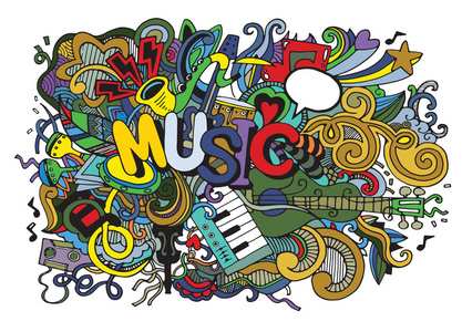 背景音乐,乐器与拼贴.手绘照片