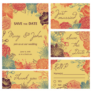 有鲜花保存日期卡集合。婚礼邀请，感谢您的卡片，保存日期卡，Rsvp 卡。复古手绘矢量图。孤立的元素