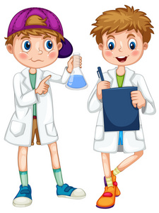 在科学中的男孩穿上长袍，写作和试验