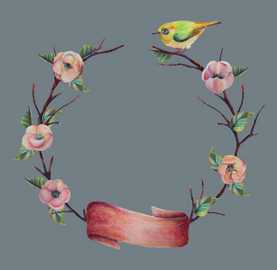 鸟与手工绘制的花环
