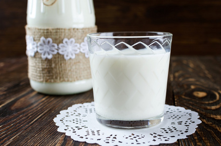 s milk in a glass jar on the dark wooden table.