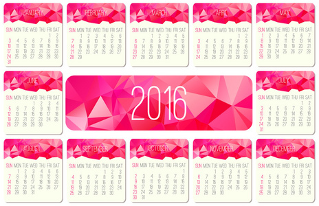 2016 年每月的日历
