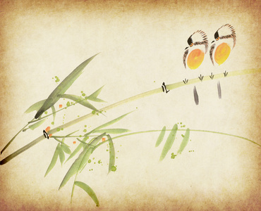 传统中国画竹和旧纸上的两只鸟图片