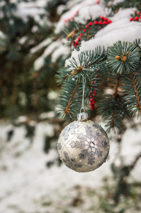 在冰雪覆盖的树枝上的银色圣诞球