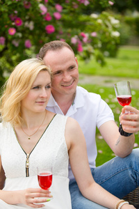 可爱的夫妇野餐在晴朗的一天看着对方笑饮红酒