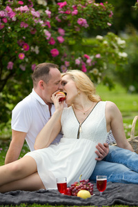 可爱的夫妻咬苹果的野餐
