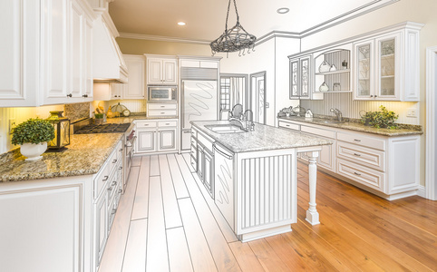 自定义的厨房设计绘图和 Gradated 照片组合
