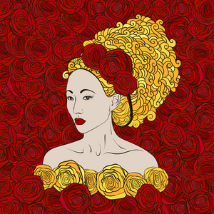 程式化的矢量图的美丽的艺妓和红玫瑰和金色的头发