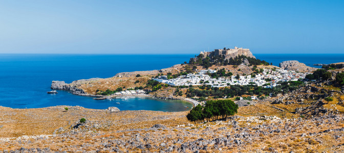 罗德斯岛和雅典卫城的全景。罗德岛。希腊