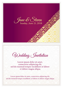 紫色的婚礼在角落和锦缎模式卡内区域豪华金色花边的邀请