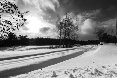 路上覆盖着雪的冬季景观合影
