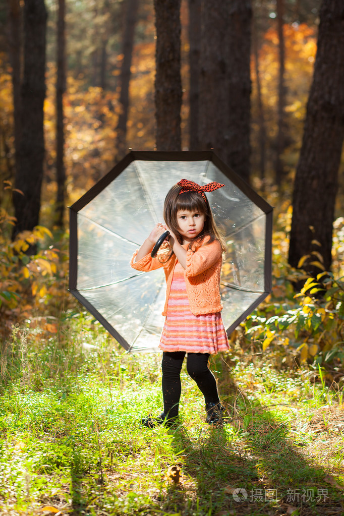 秋天的树林与透明的雨伞的小女孩