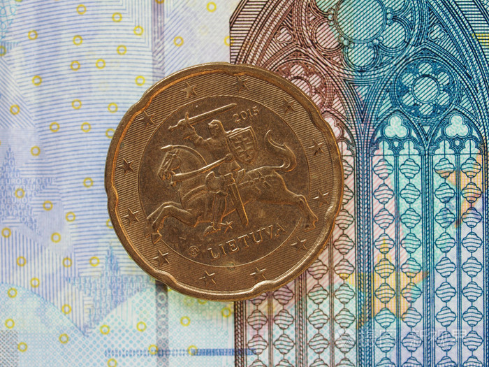 立陶宛20欧元纸币上的欧洲联盟欧元硬币货币