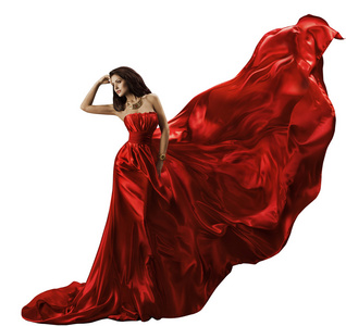 女人红色衣服，挥舞着飞行的丝绸面料，美模式白