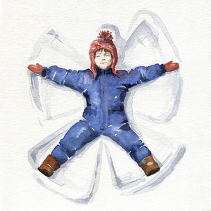 小女孩做雪天使。水彩插图