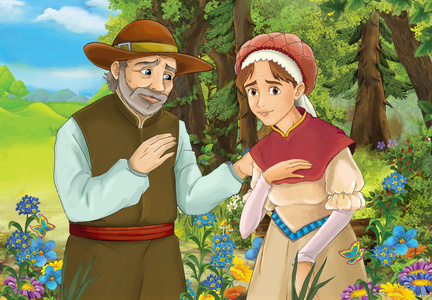 卡通复古森林场景与对幸福的夫妻
