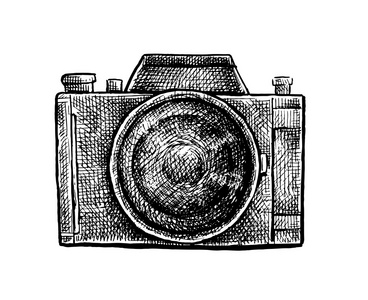 黑色和白色墨水手绘制的相机