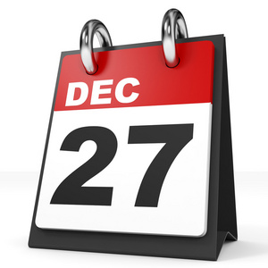 白色背景上的日历。12 月 27 日
