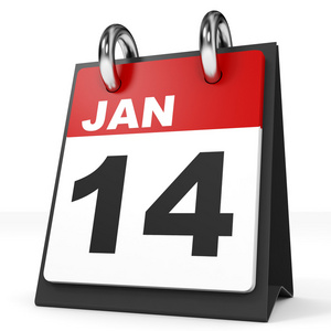 白色背景上的日历。1 月 14 日