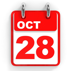 白色背景上的日历。10 月 28 日