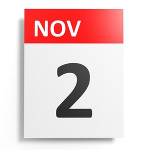 白色背景上的日历。11 月 2 日