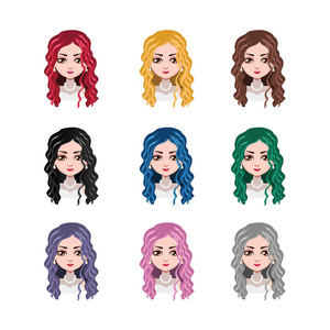 优雅的女人长卷发9种不同的头发颜色