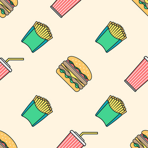 可乐汉堡包法式炸薯条彩色的轮廓无缝模式