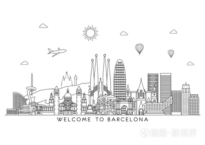 巴塞罗那的天际线详细的剪影插画-正版商用图片1lf4ho-摄图新视界