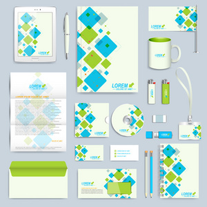 矢量企业标识模板集。现代商业文具模拟。品牌设计与蓝色和绿色的方形形状