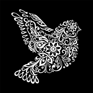 风格化的黑色和白色 Zentangle 鸽子。纹身的老式素描
