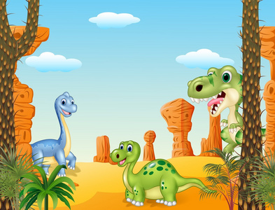 可爱的恐龙集合设置在史前背景照片