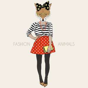 狐狸的时髦女孩，时尚动物插画